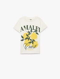 Pamuklu Kısa Kollu Bisiklet Yaka Baskılı Tişört