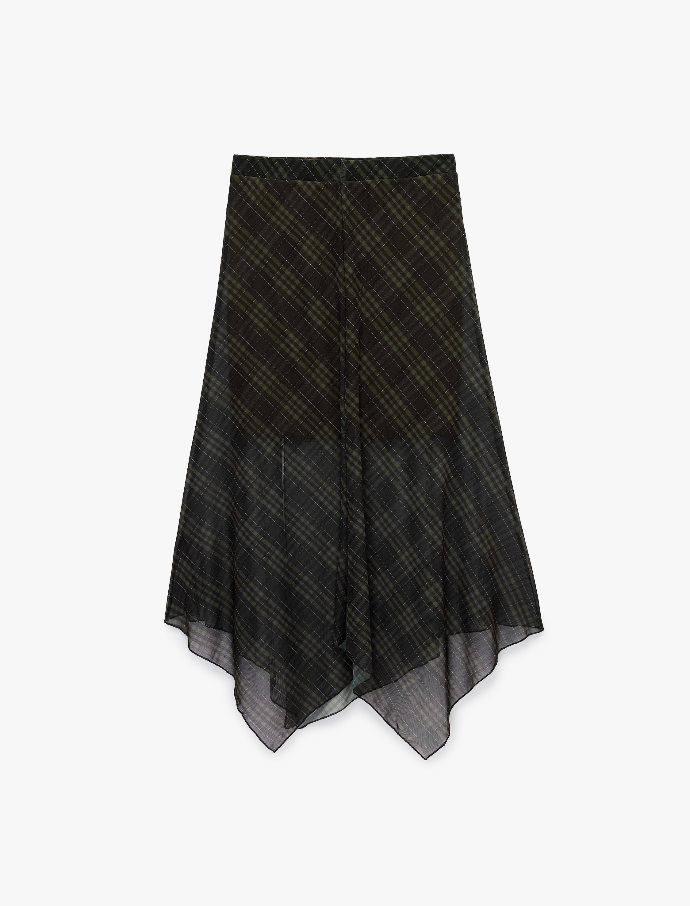   Asimetrik Kesim Ekoseli Tül Midi Etek