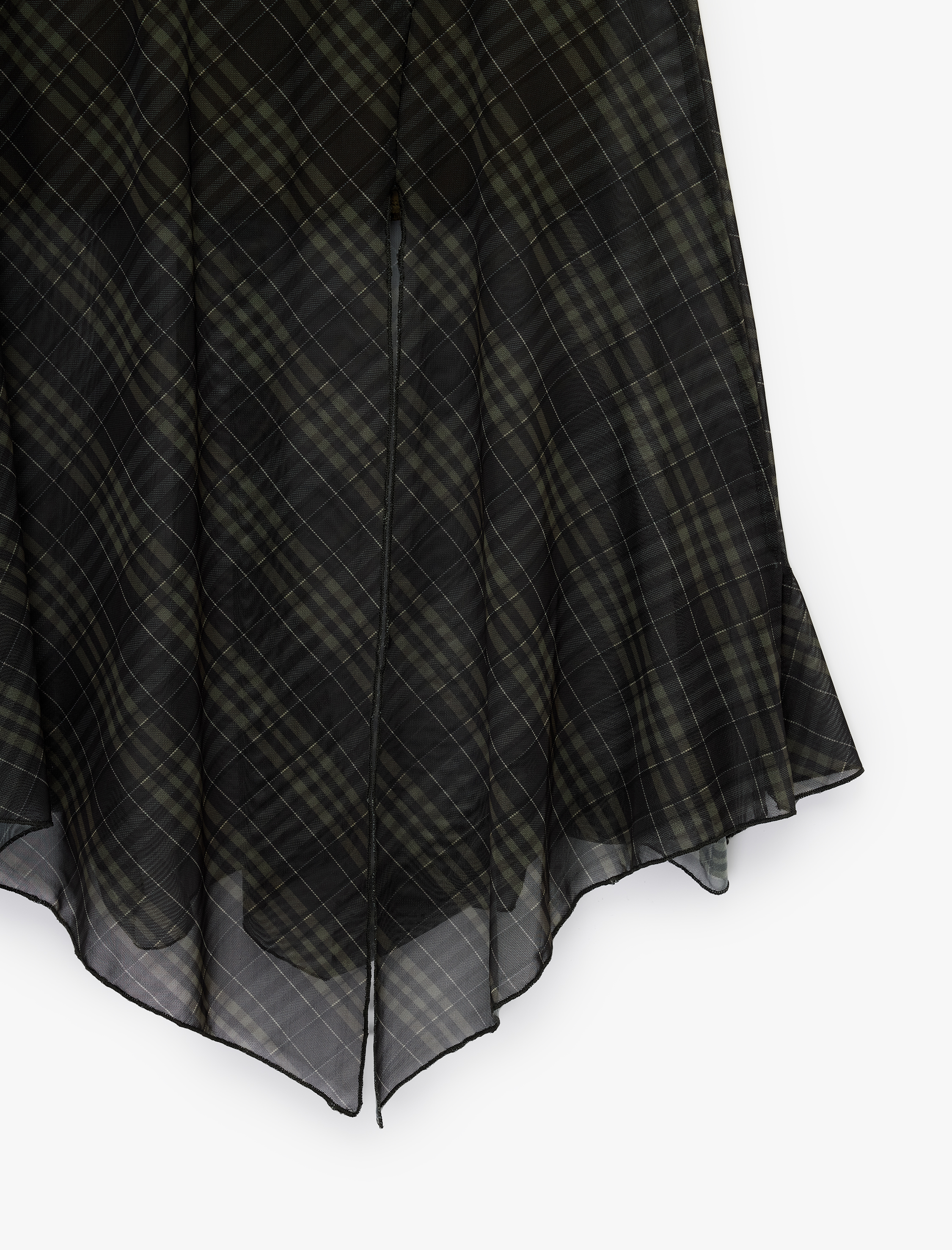   Asimetrik Kesim Ekoseli Tül Midi Etek