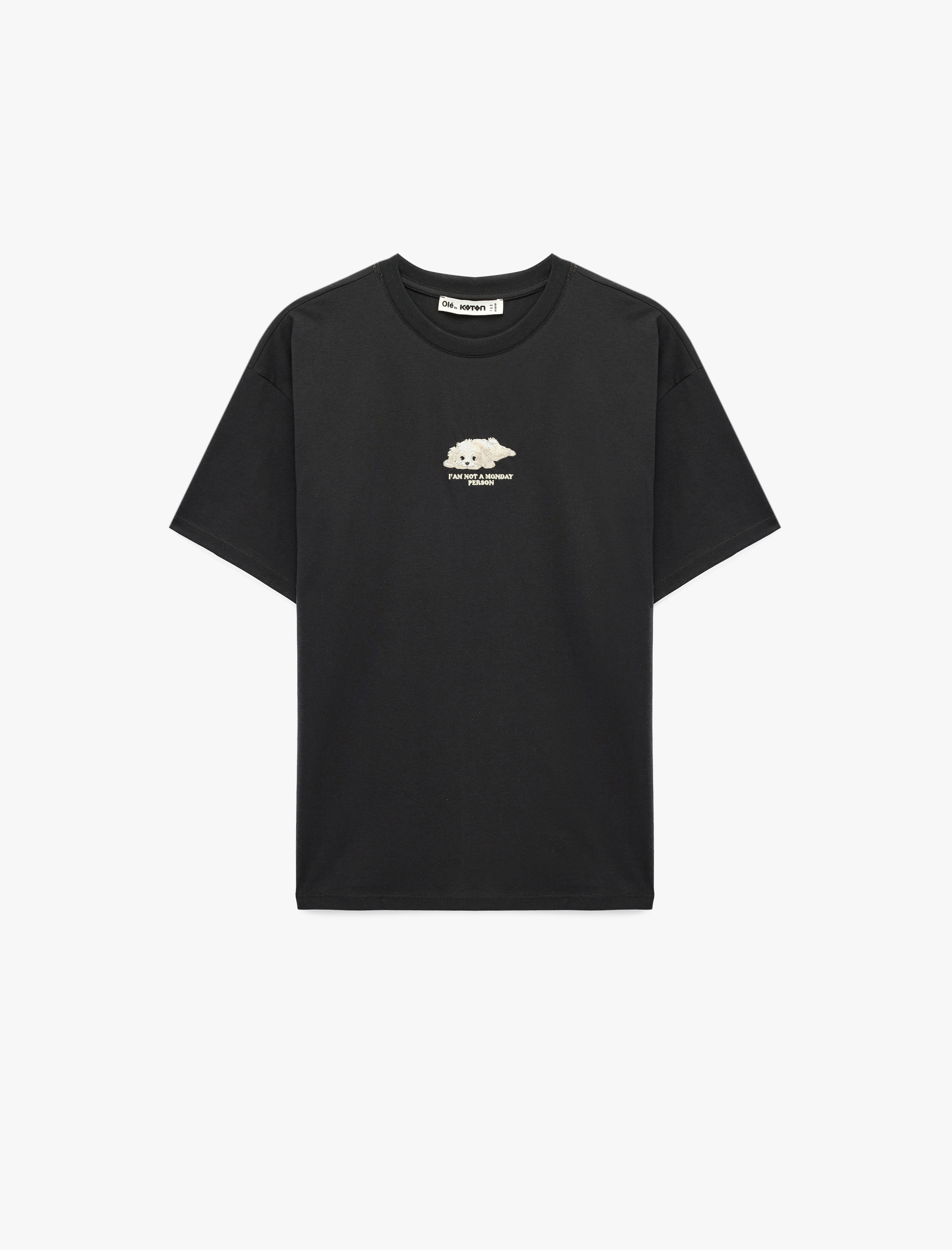   Rahat Kalıp Kısa Kollu Pamuklu Bisiklet Yaka Nakışlı Tişört