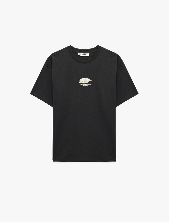  Rahat Kalıp Kısa Kollu Pamuklu Bisiklet Yaka Nakışlı Tişört