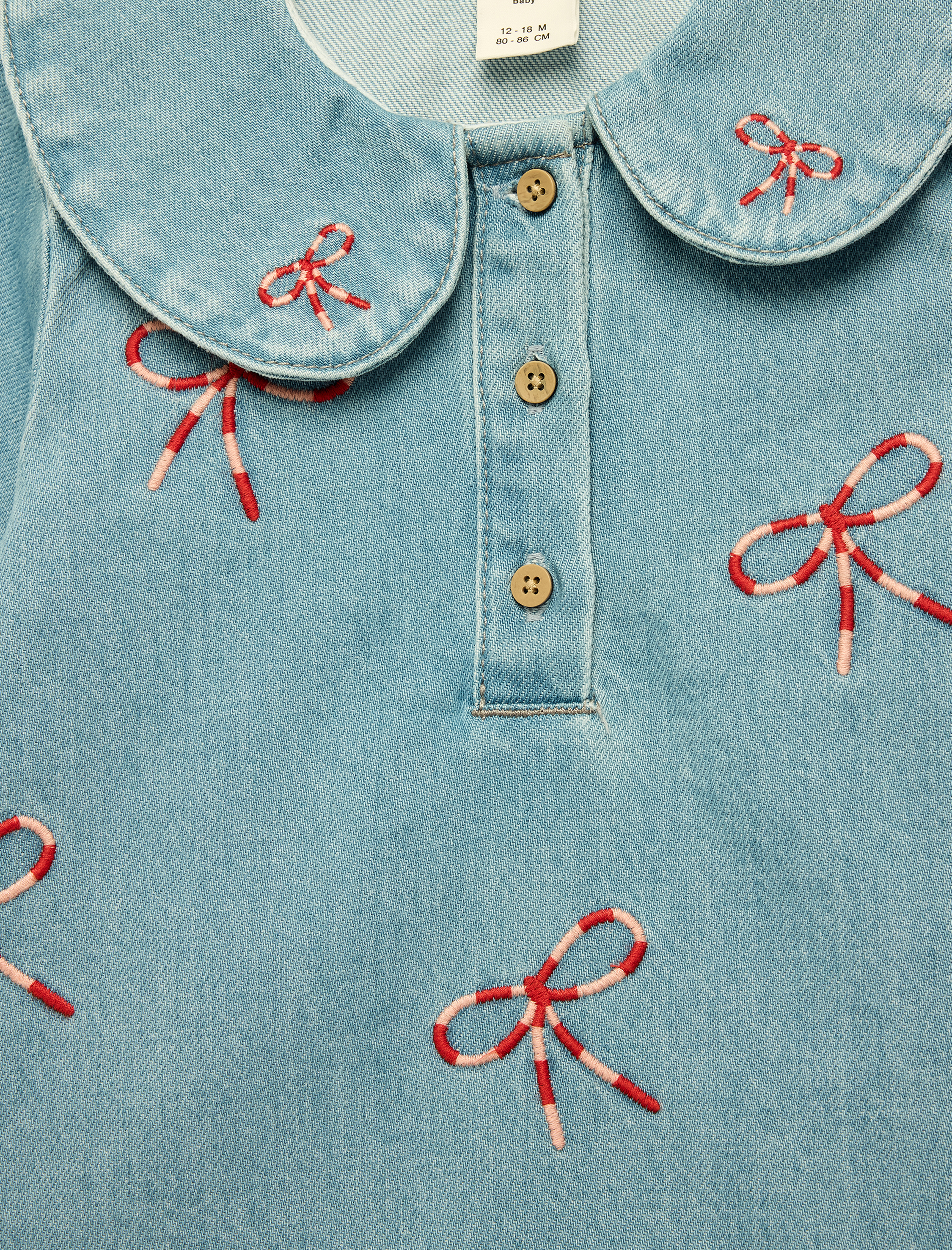  Kız Bebek Pamuklu Uzun Kollu Bebe Yaka Fiyonk Nakışlı Denim Elbise