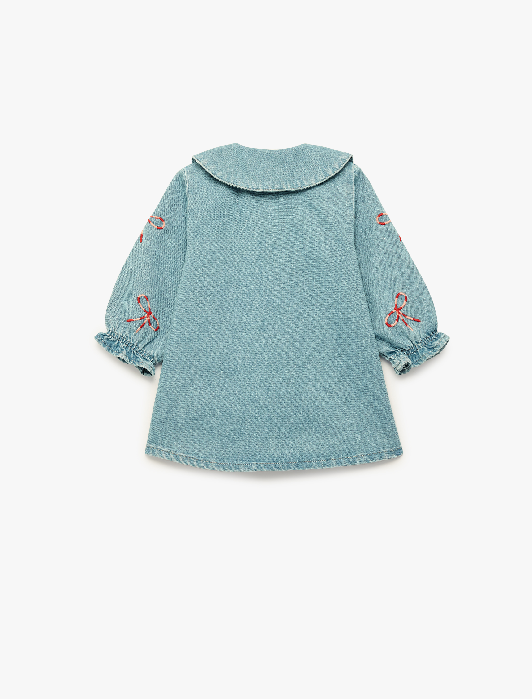  Kız Bebek Pamuklu Uzun Kollu Bebe Yaka Fiyonk Nakışlı Denim Elbise