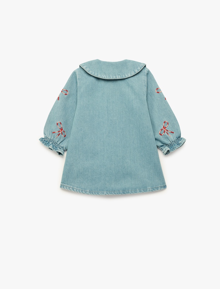 Kız Bebek Pamuklu Uzun Kollu Bebe Yaka Fiyonk Nakışlı Denim Elbise