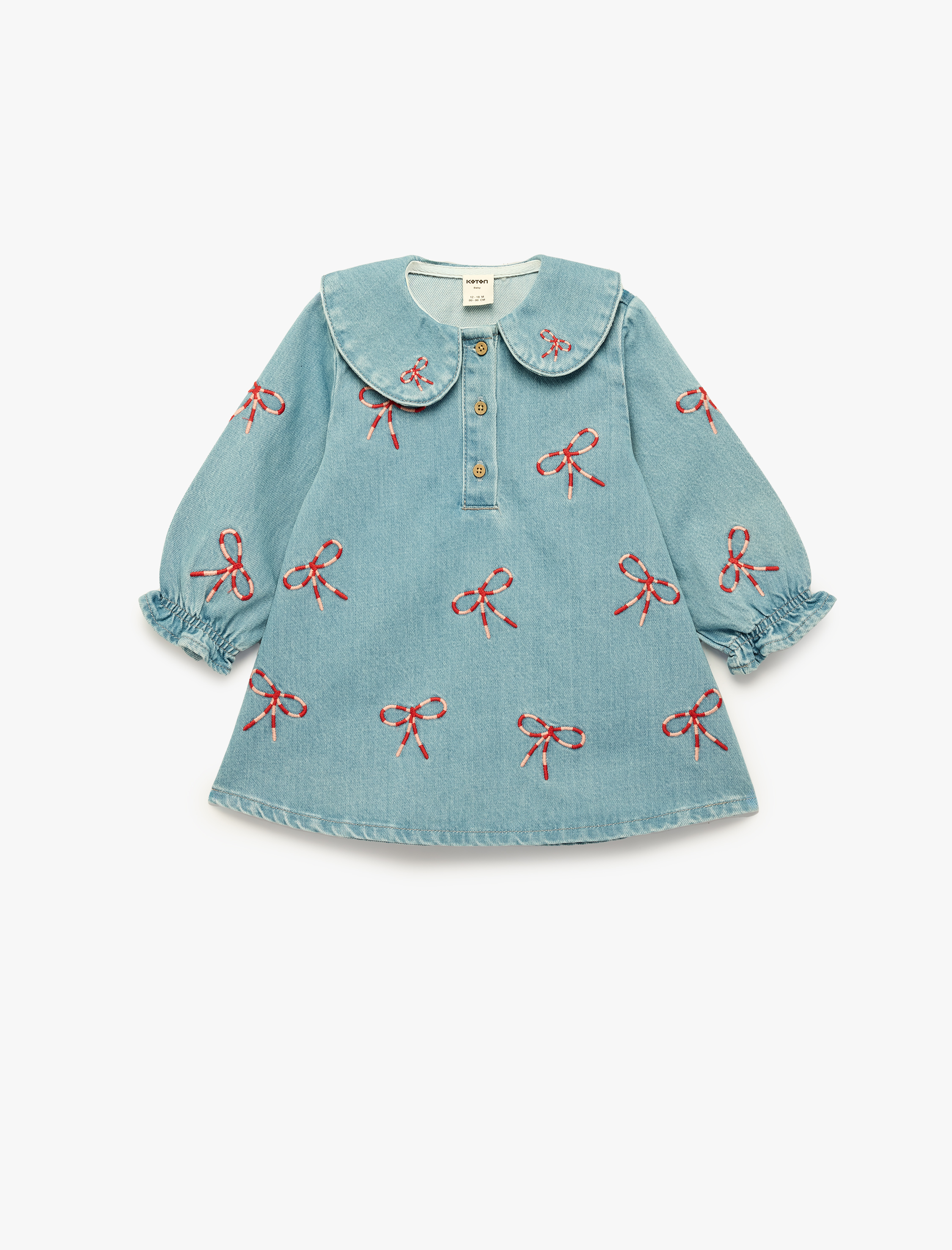  Kız Bebek Pamuklu Uzun Kollu Bebe Yaka Fiyonk Nakışlı Denim Elbise