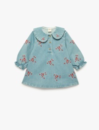 Pamuklu Uzun Kollu Bebe Yaka Fiyonk Nakışlı Denim Elbise