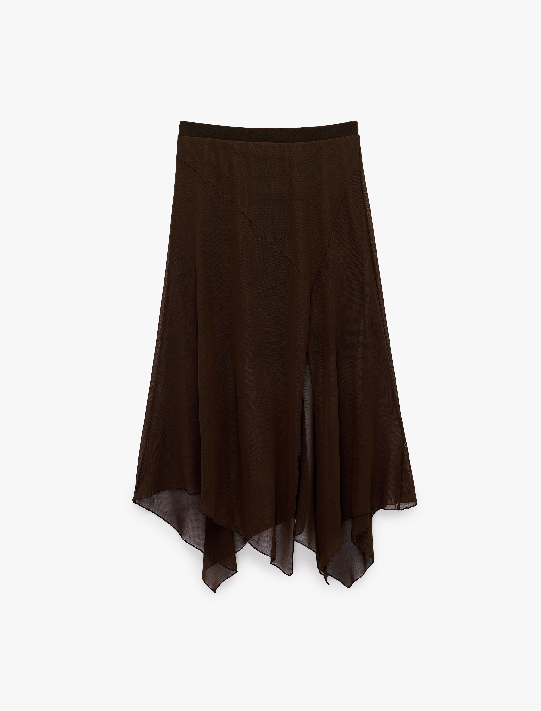   Asimetrik Kesim Yırtmaç Detaylı Tül Midi Etek