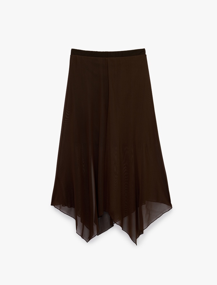  Asimetrik Kesim Yırtmaç Detaylı Tül Midi Etek