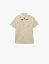 Keten ve Viskon Karışımlı Düğmeli Cepli Basic Kısa Kollu Gömlek