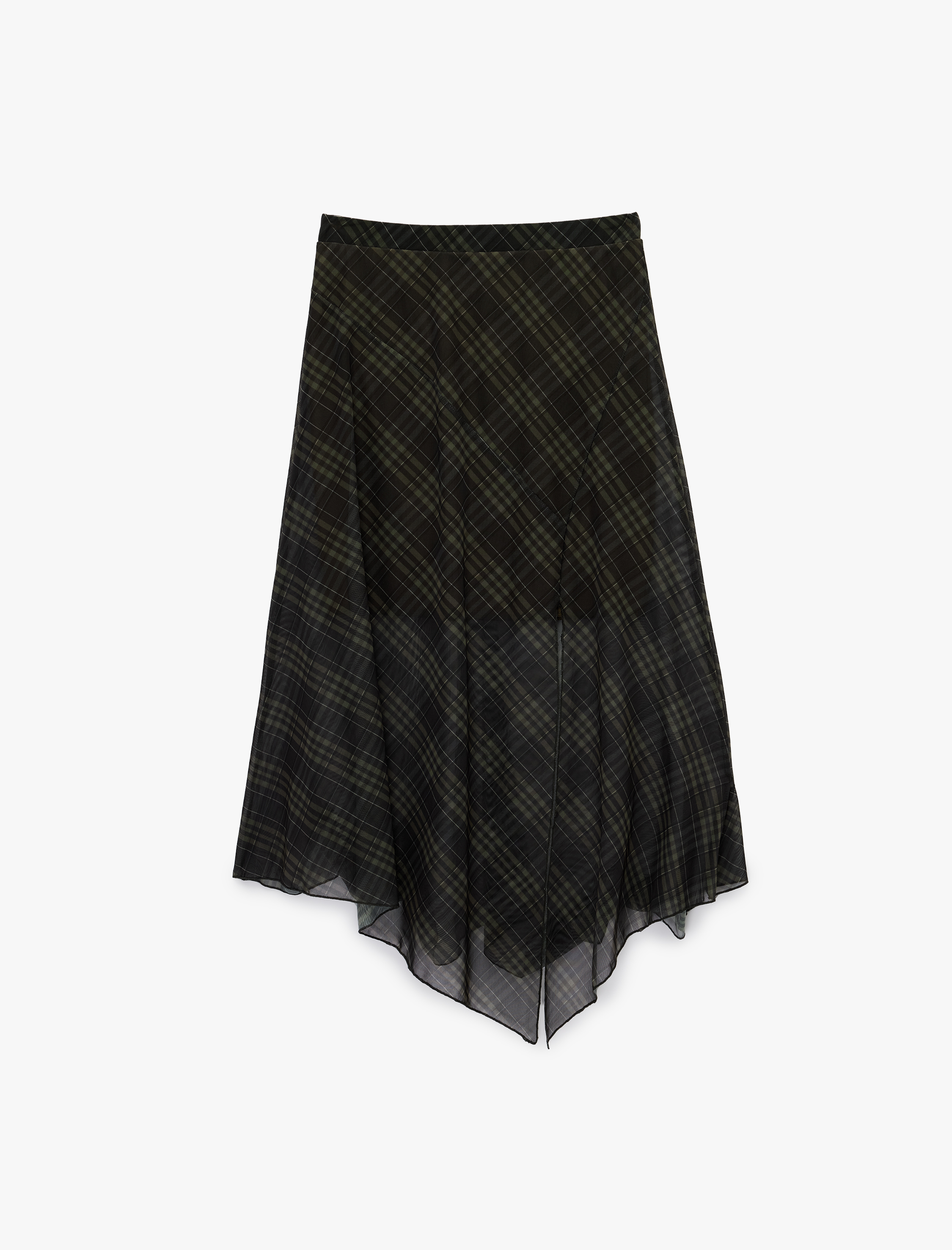   Asimetrik Kesim Ekoseli Tül Midi Etek