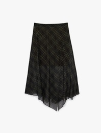 Asimetrik Kesim Ekoseli Tül Midi Etek