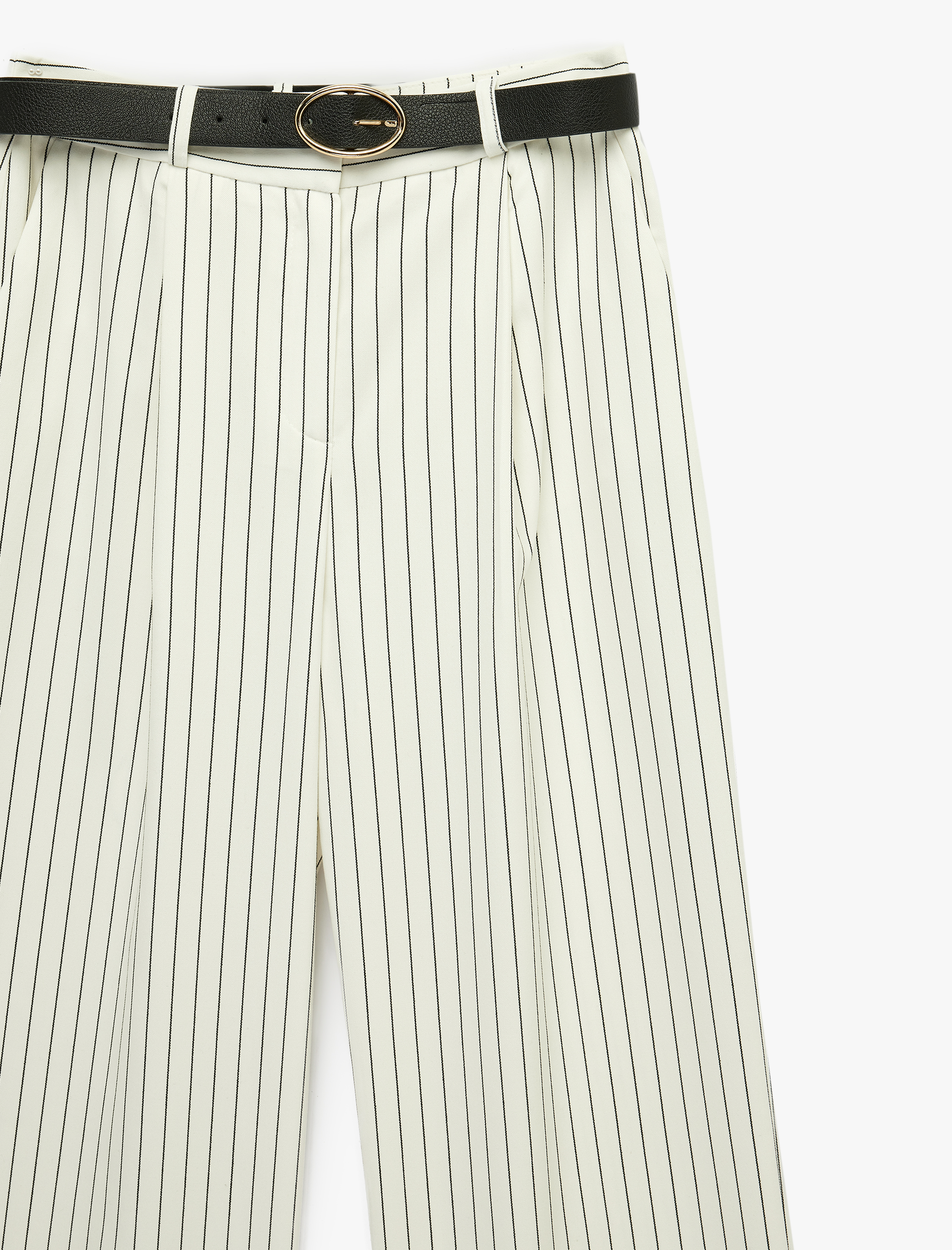   Yüksek Bel Kemerli Cepli Geniş Paça Çizgili Kumaş Pantolon