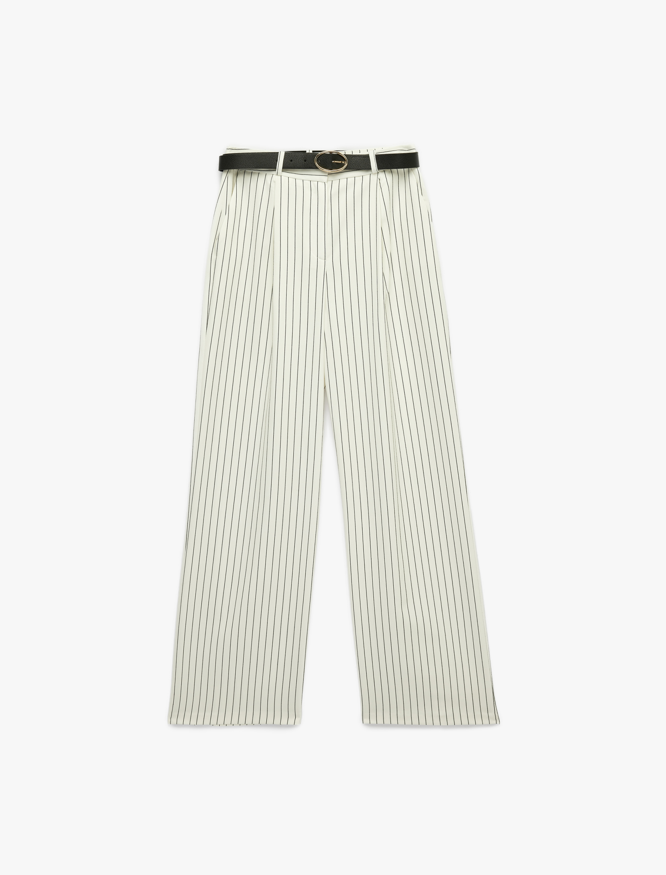   Yüksek Bel Kemerli Cepli Geniş Paça Çizgili Kumaş Pantolon