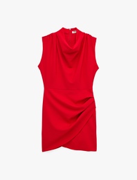 Dik Degaje Yaka Kolsuz Drapeli Kruvaze Mini Elbise