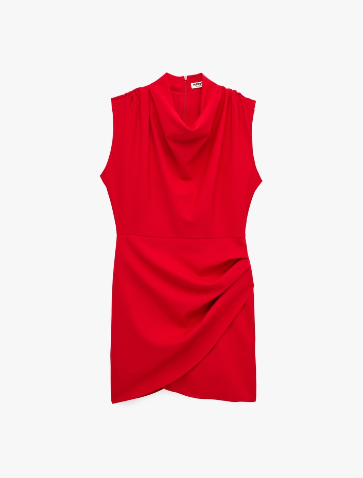  Dik Degaje Yaka Kolsuz Drapeli Kruvaze Mini Elbise