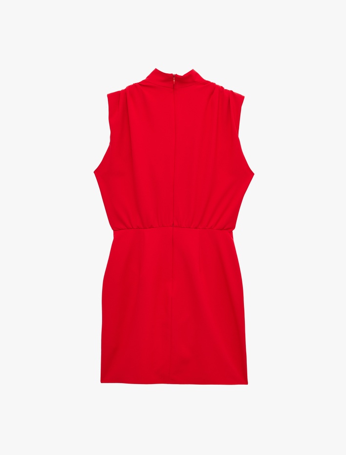  Dik Degaje Yaka Kolsuz Drapeli Kruvaze Mini Elbise