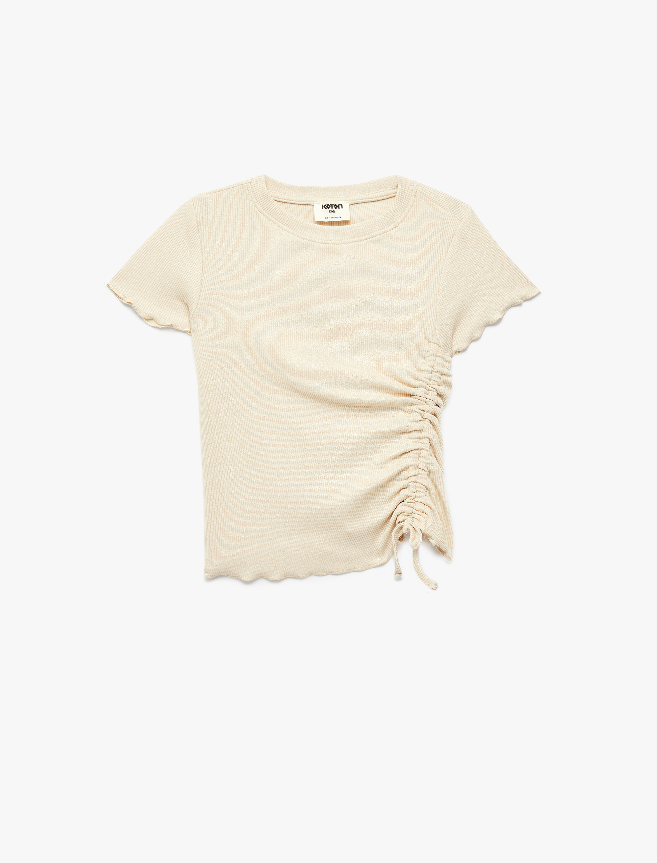  Kız Çocuk Pamuklu Büzgü Detaylı Kaşkorse Kısa Kollu Bisiklet Yaka Tişört