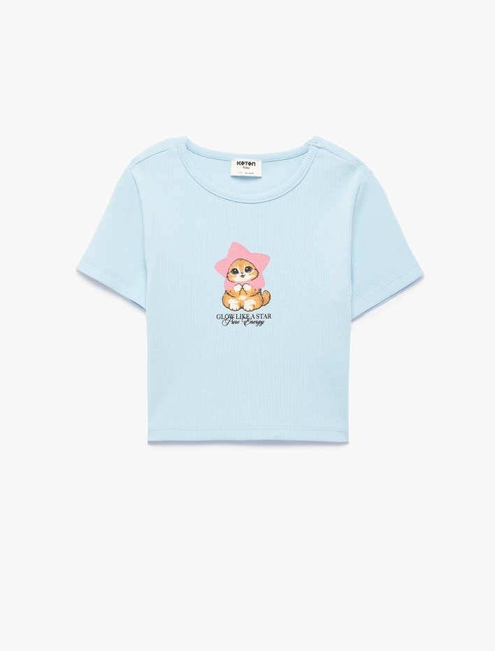 Kız Çocuk Pamuklu Kısa Kollu Bisiklet Yaka Baskılı Tişört