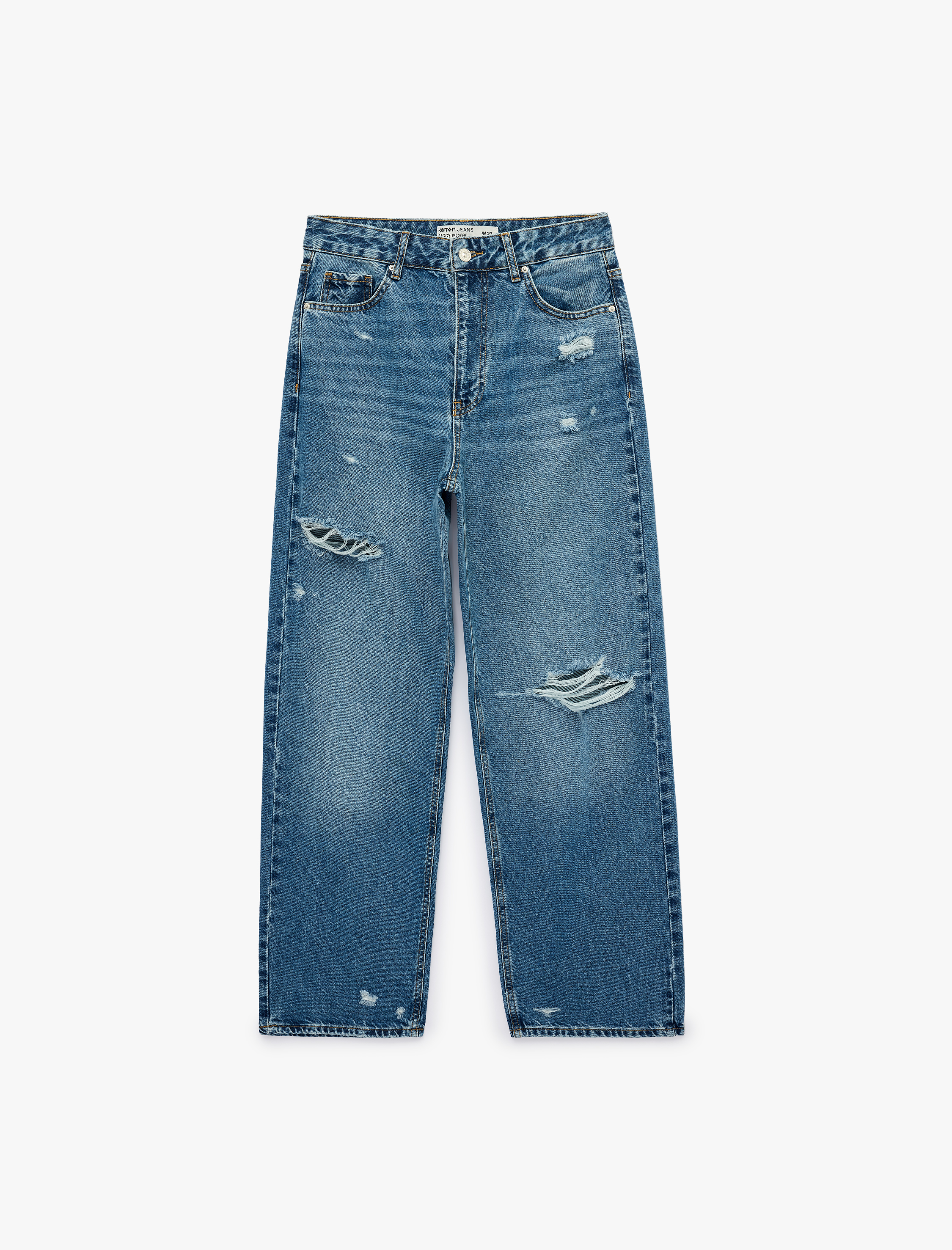   Normal Bel Yıpratma Detaylı Cepli Pamuklu Baggy Jean Pantolon