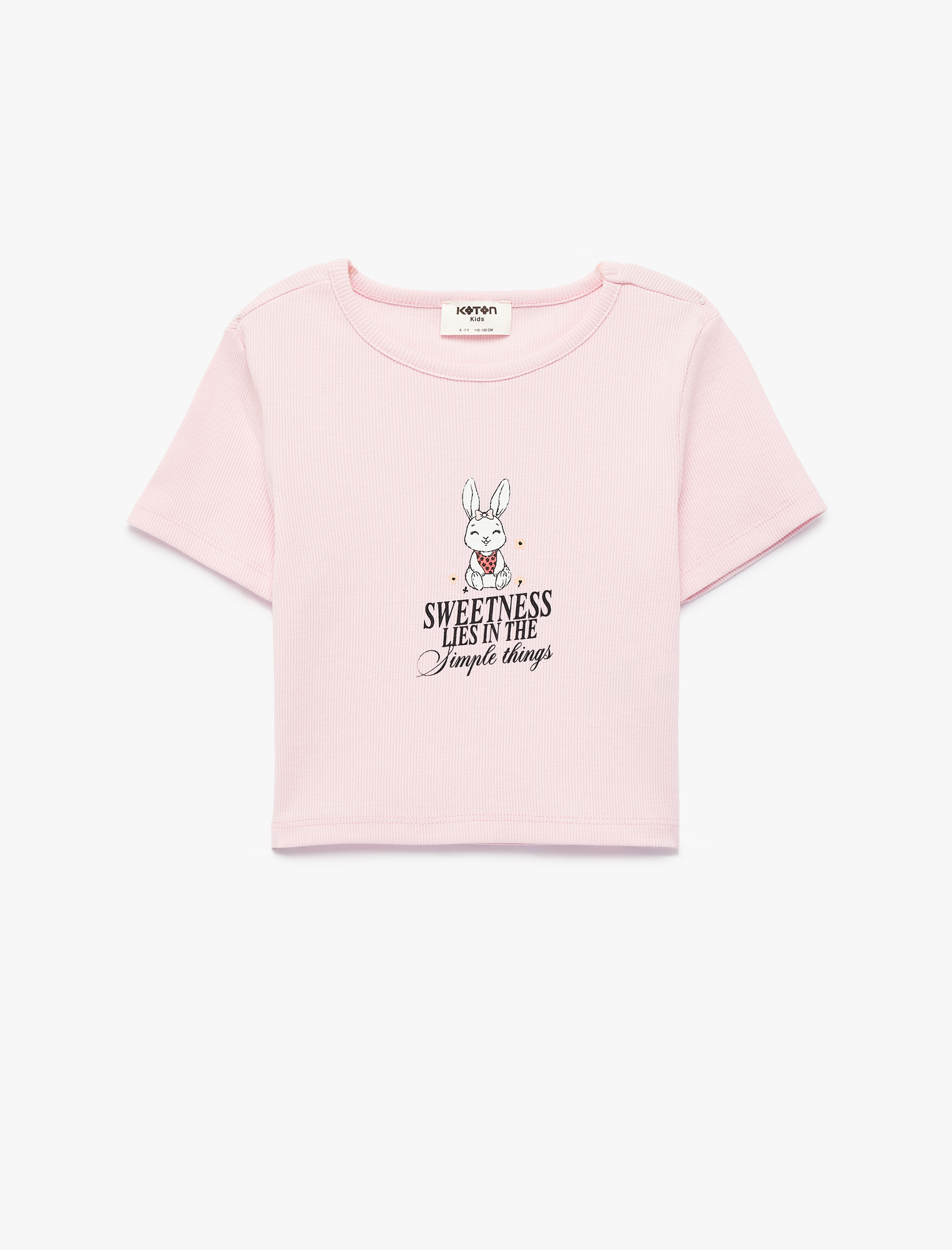  Kız Çocuk Pamuklu Kısa Kollu Bisiklet Yaka Ribanalı Tavşan Baskılı Tişört