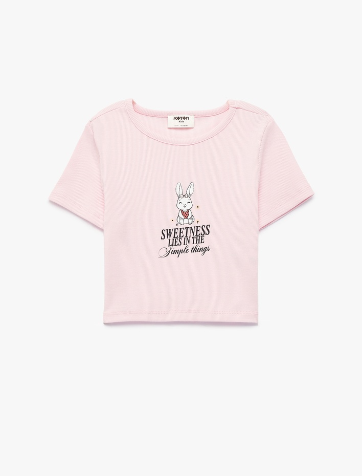 Kız Çocuk Pamuklu Kısa Kollu Bisiklet Yaka Ribanalı Tavşan Baskılı Tişört