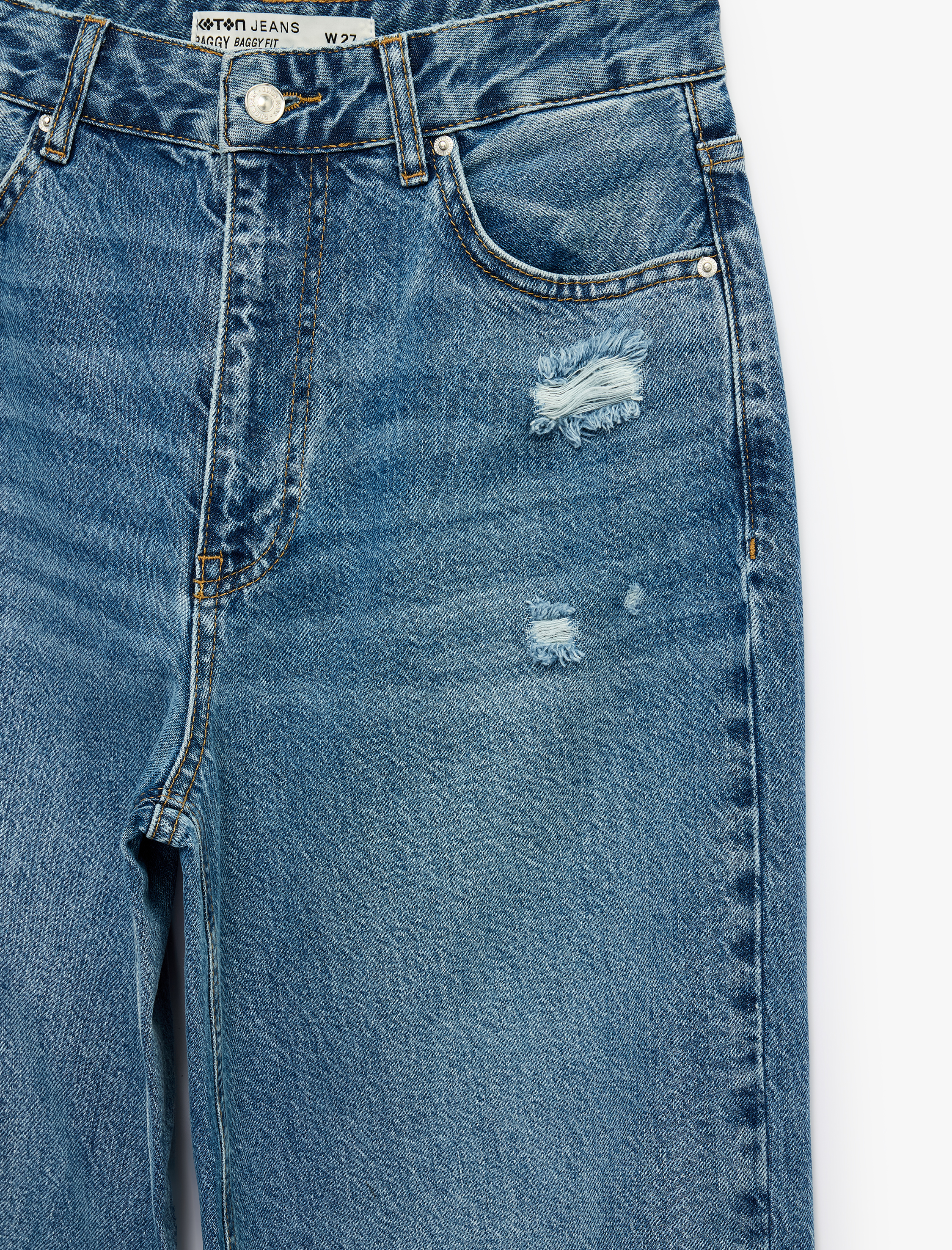   Normal Bel Yıpratma Detaylı Cepli Pamuklu Baggy Jean Pantolon