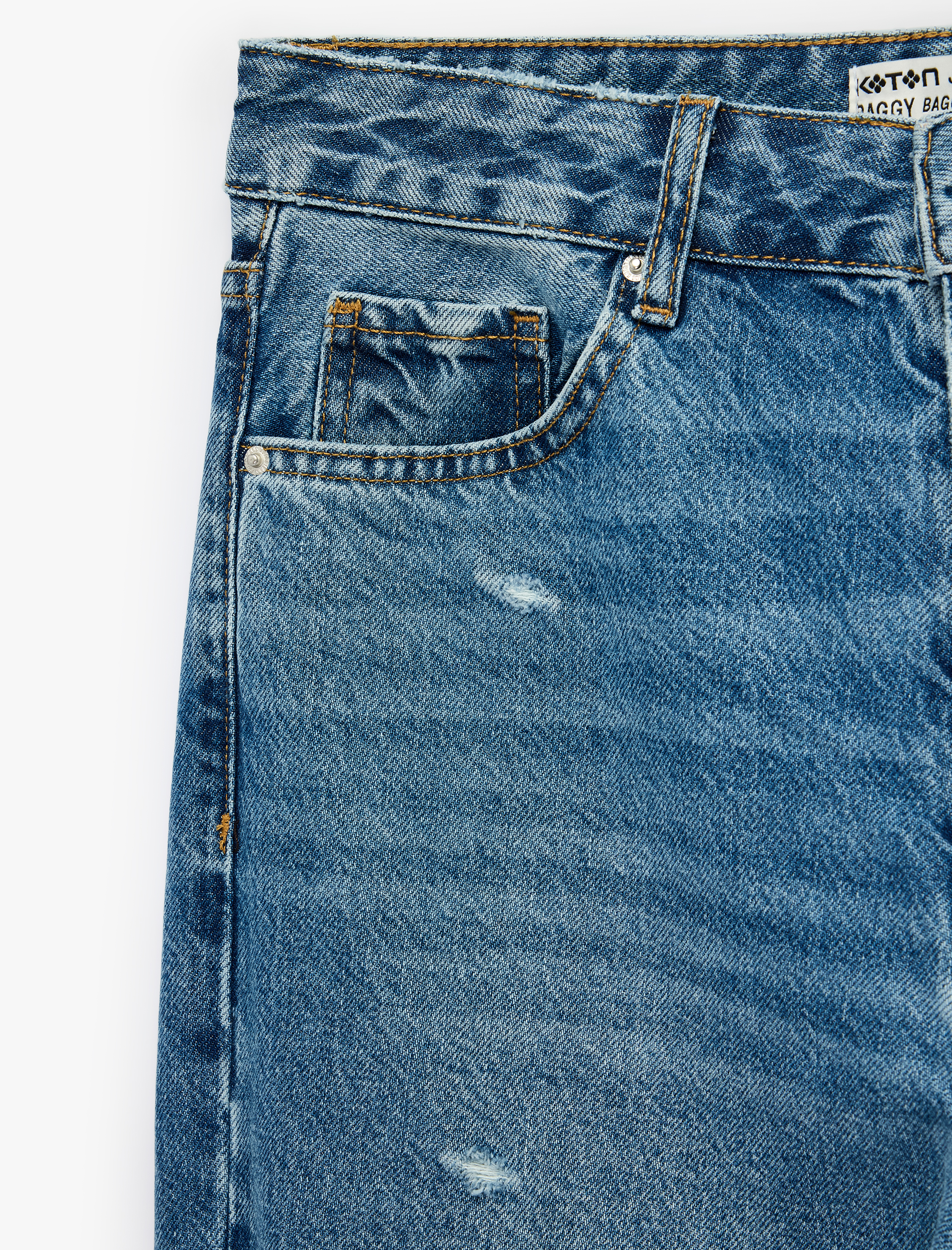   Normal Bel Yıpratma Detaylı Cepli Pamuklu Baggy Jean Pantolon