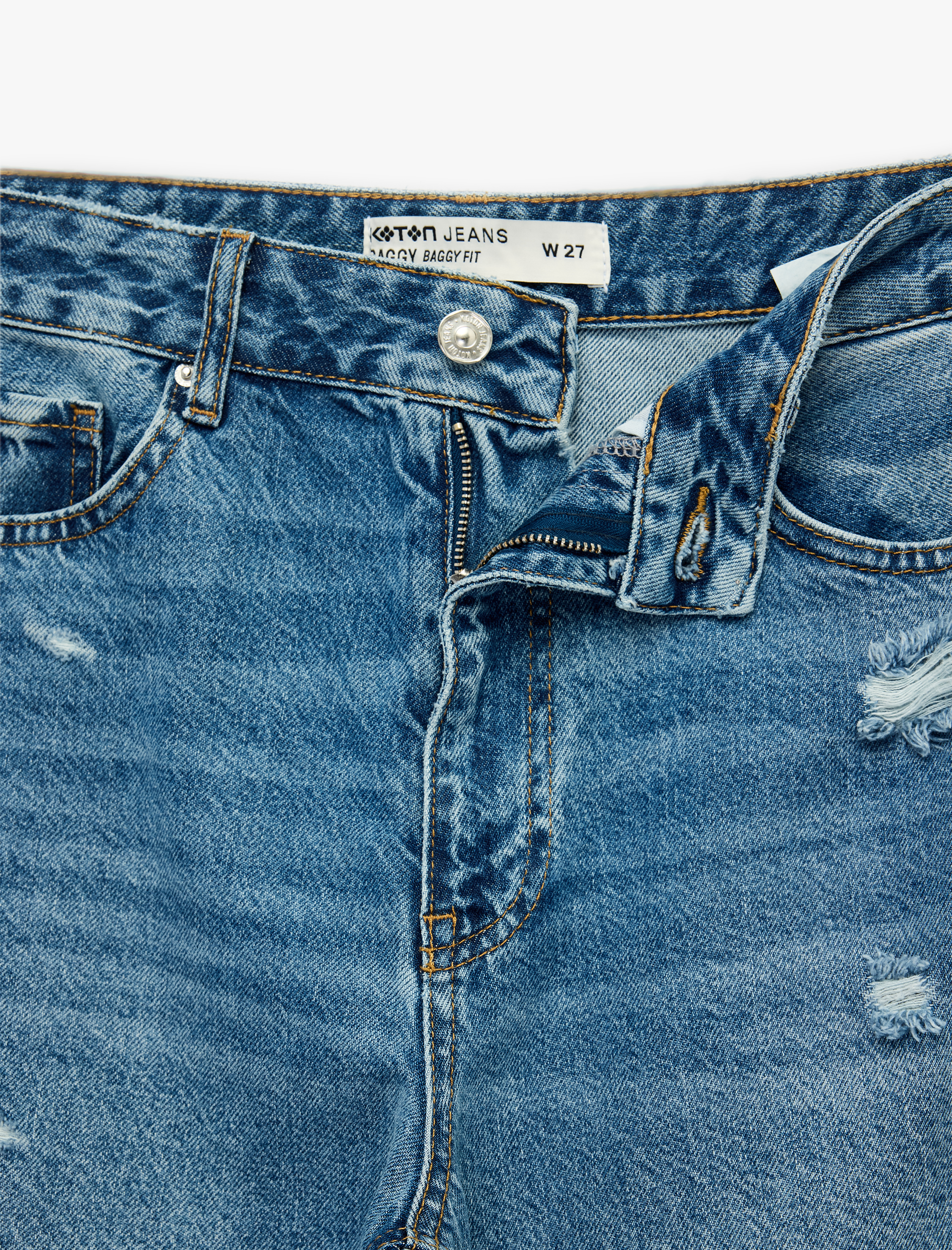   Normal Bel Yıpratma Detaylı Cepli Pamuklu Baggy Jean Pantolon