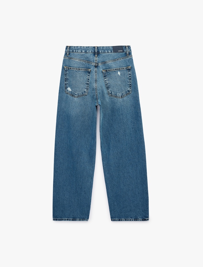  Normal Bel Yıpratma Detaylı Cepli Pamuklu Baggy Jean Pantolon