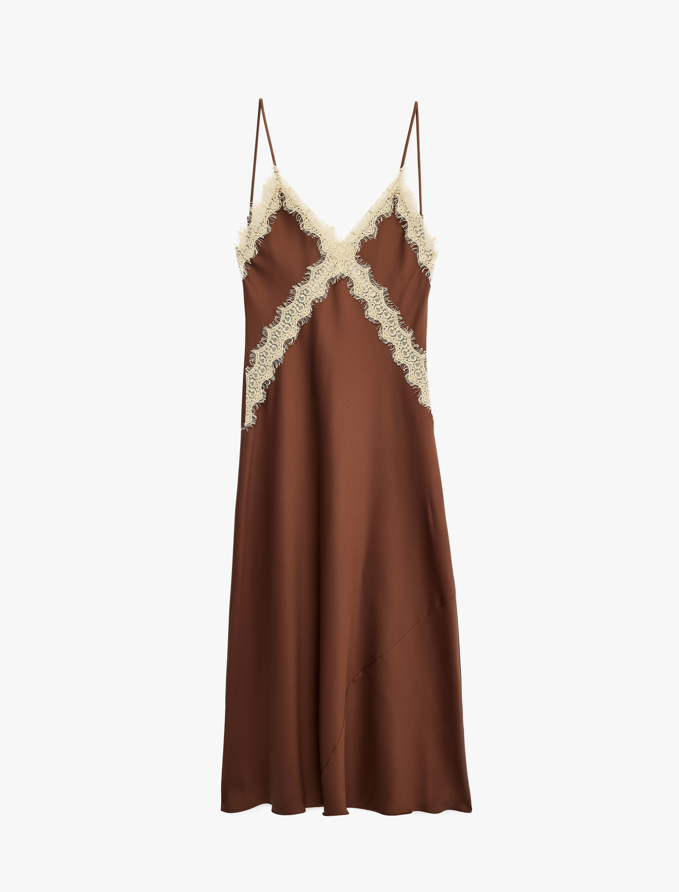   Dantel Detaylı İnce Askılı Uzun Saten Slip Elbise