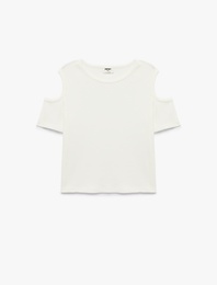 Pamuklu Pencere Detaylı Kısa Kollu Bisiklet Yaka Kaşkorse Tişört