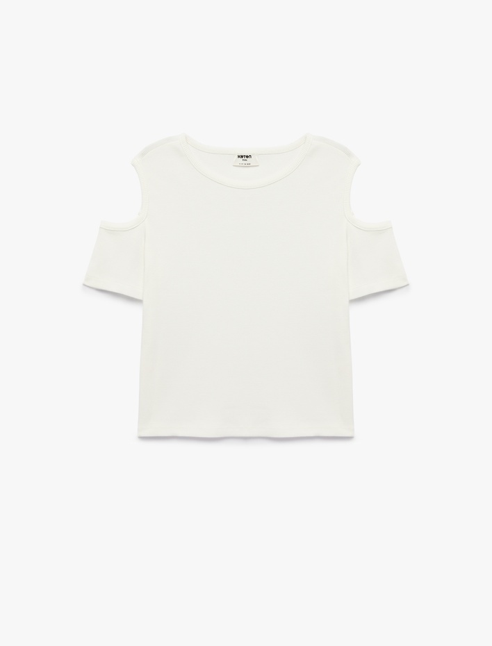 Kız Çocuk Pamuklu Pencere Detaylı Kısa Kollu Bisiklet Yaka Kaşkorse Tişört