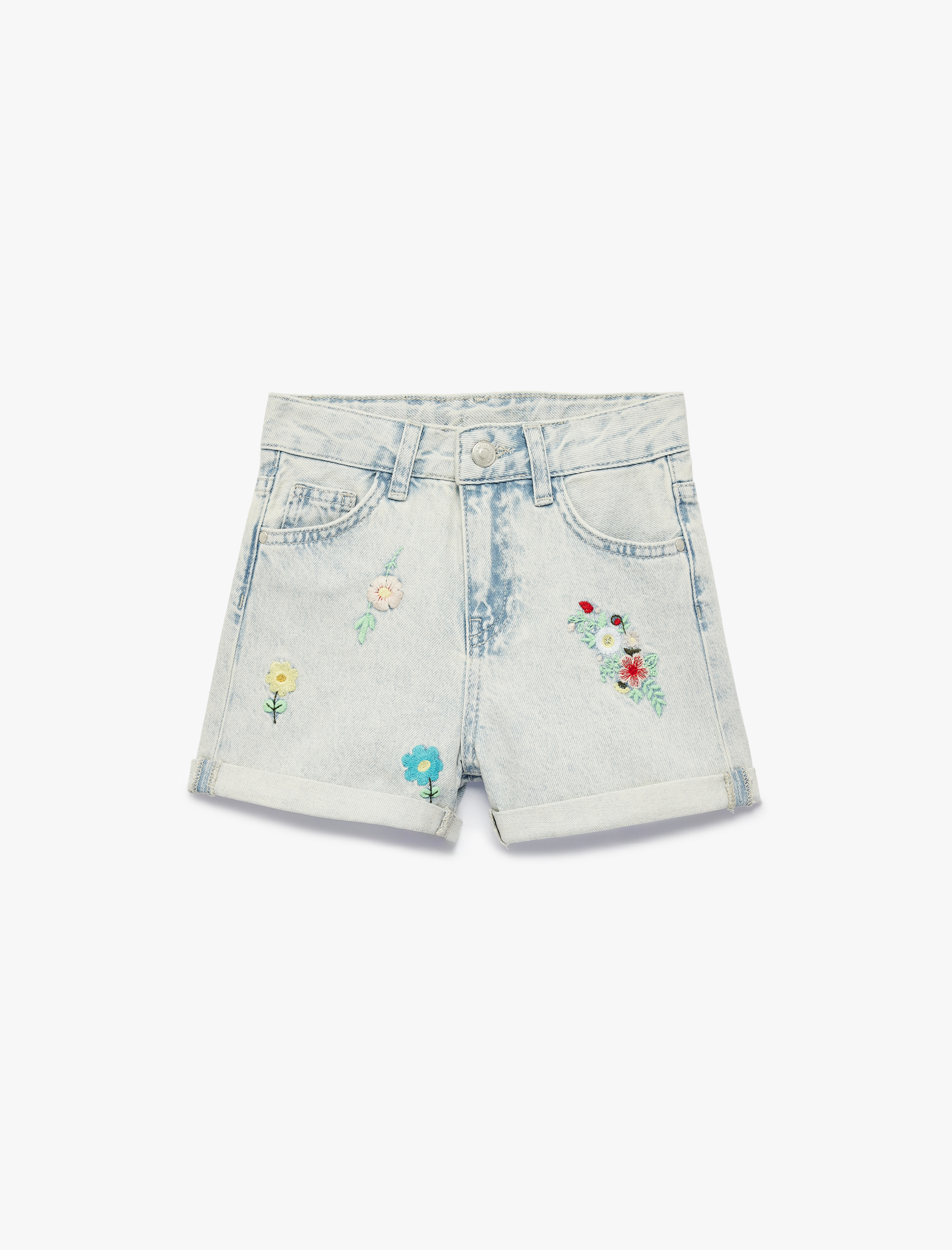  Kız Çocuk Pamuklu Çiçek Nakışlı Cep Detaylı Denim Şort