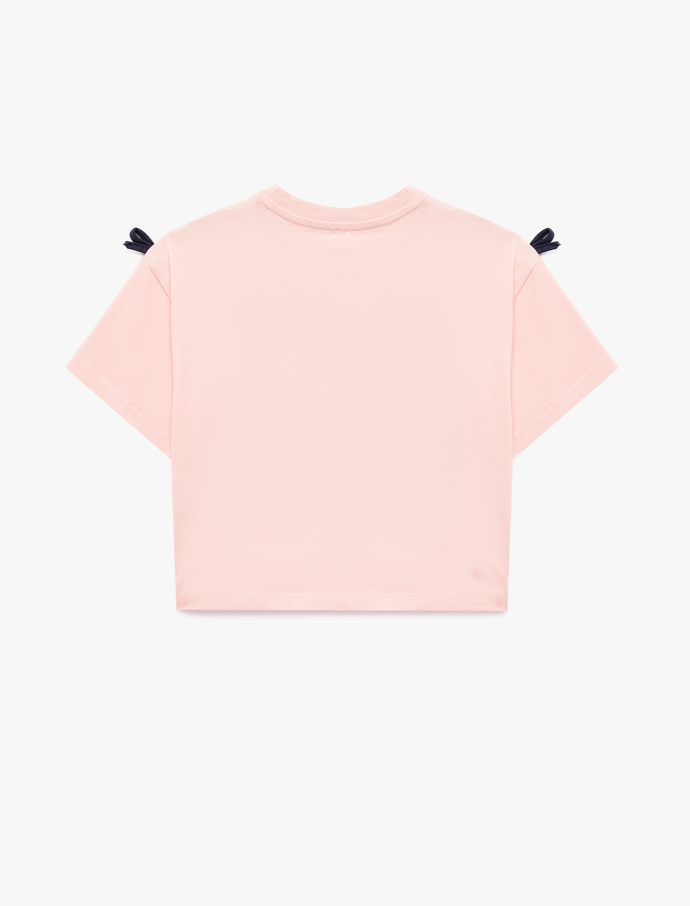  Kız Çocuk Pamuklu Kısa Kollu Bisiklet Yaka Fiyonk Detaylı Baskılı Tişört