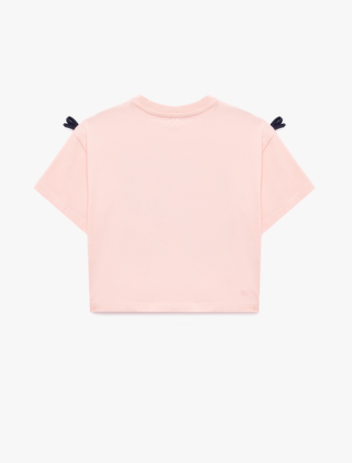 Kız Çocuk Pamuklu Kısa Kollu Bisiklet Yaka Fiyonk Detaylı Baskılı Tişört