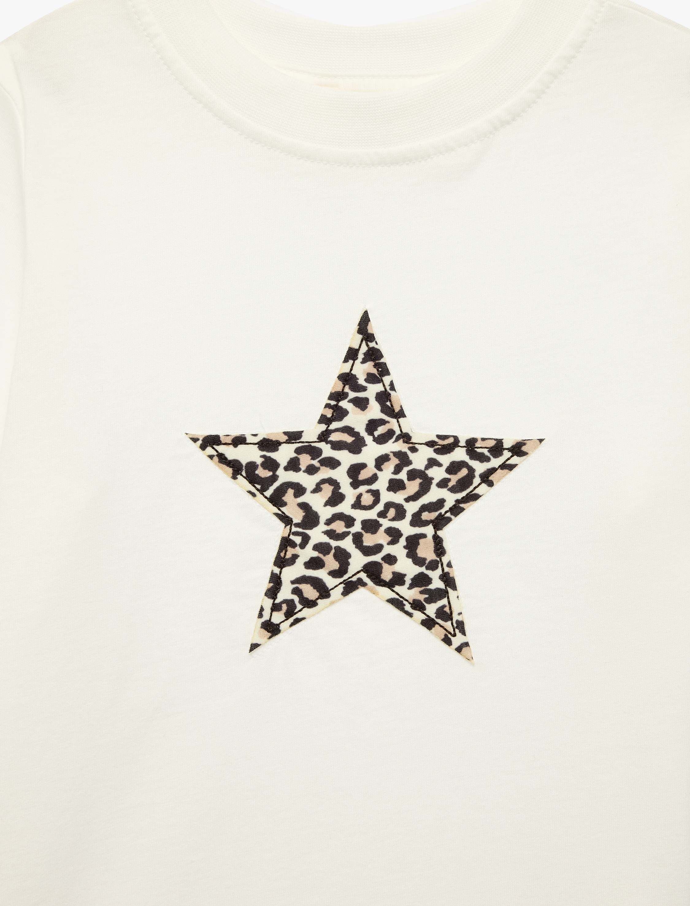  Kız Çocuk Pamuklu Bisiklet Yaka Leopar Baskılı Yıldız Detaylı Kısa Kollu Tişört