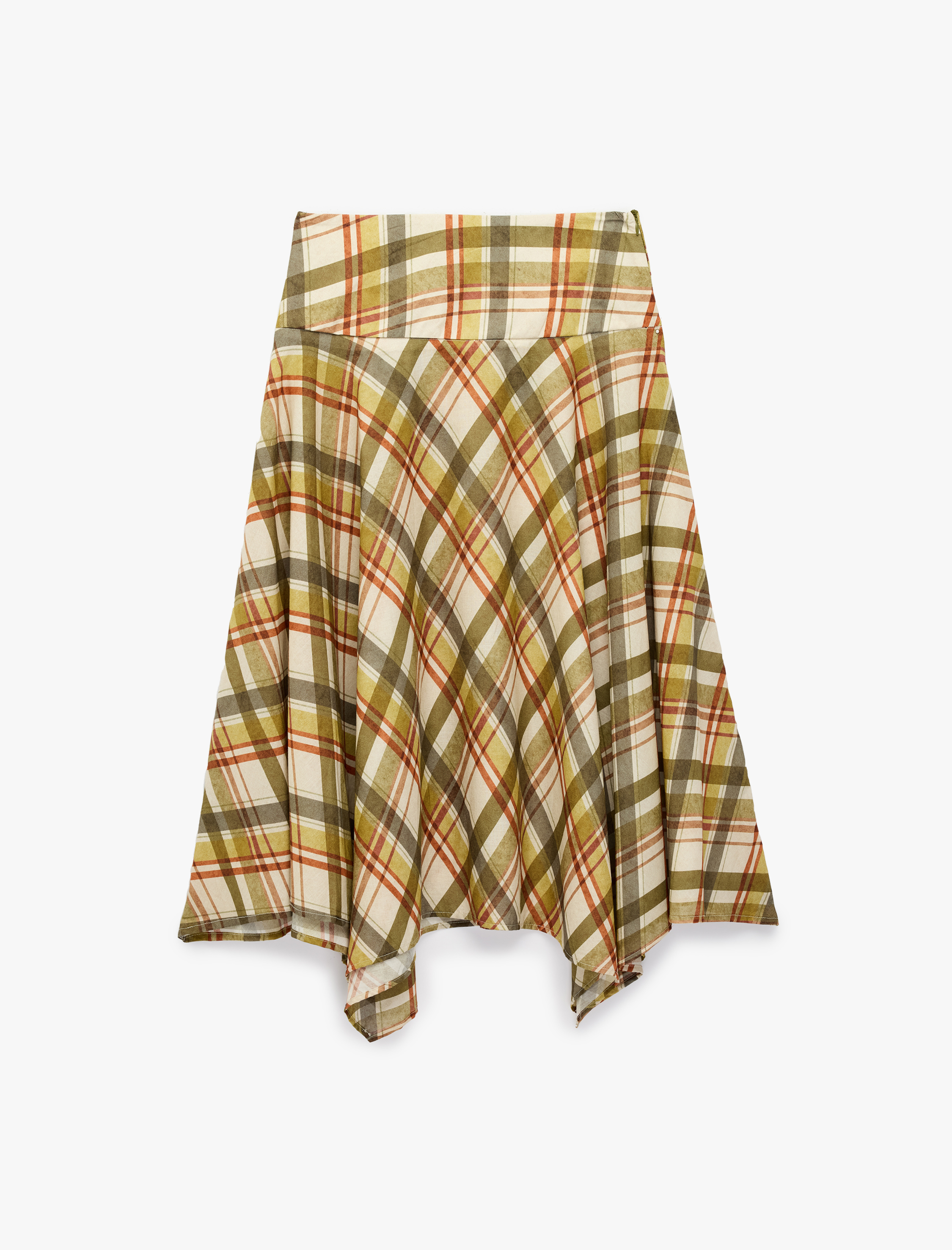   Pamuklu Asimetrik Kesim Ekose Midi Etek