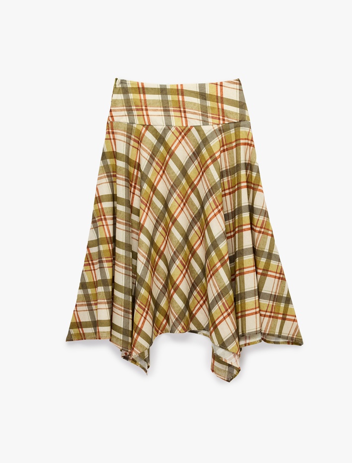  Pamuklu Asimetrik Kesim Ekose Midi Etek