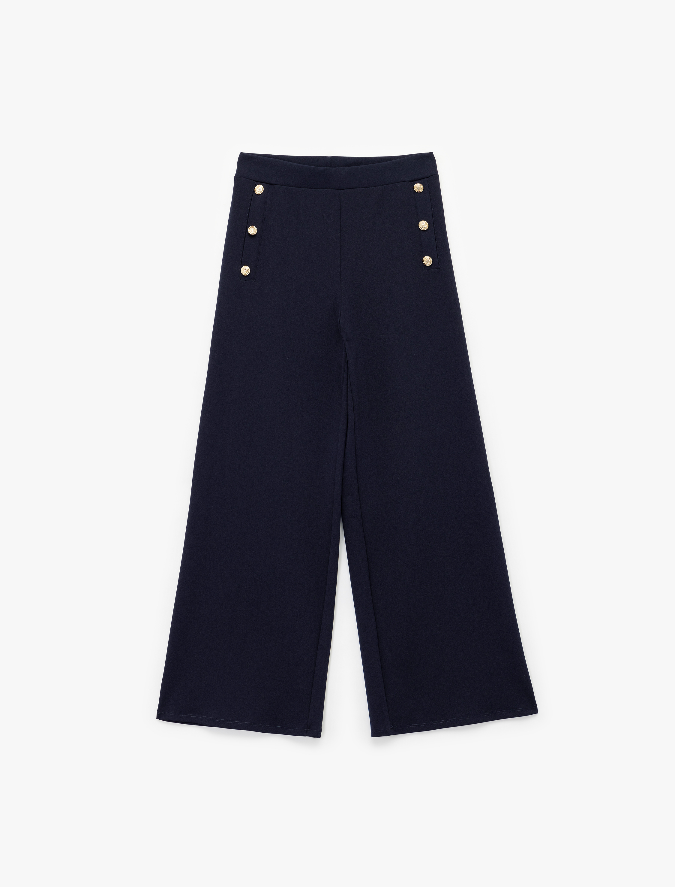   Düğme Detaylı Uzun Geniş Paça Kumaş Pantolon