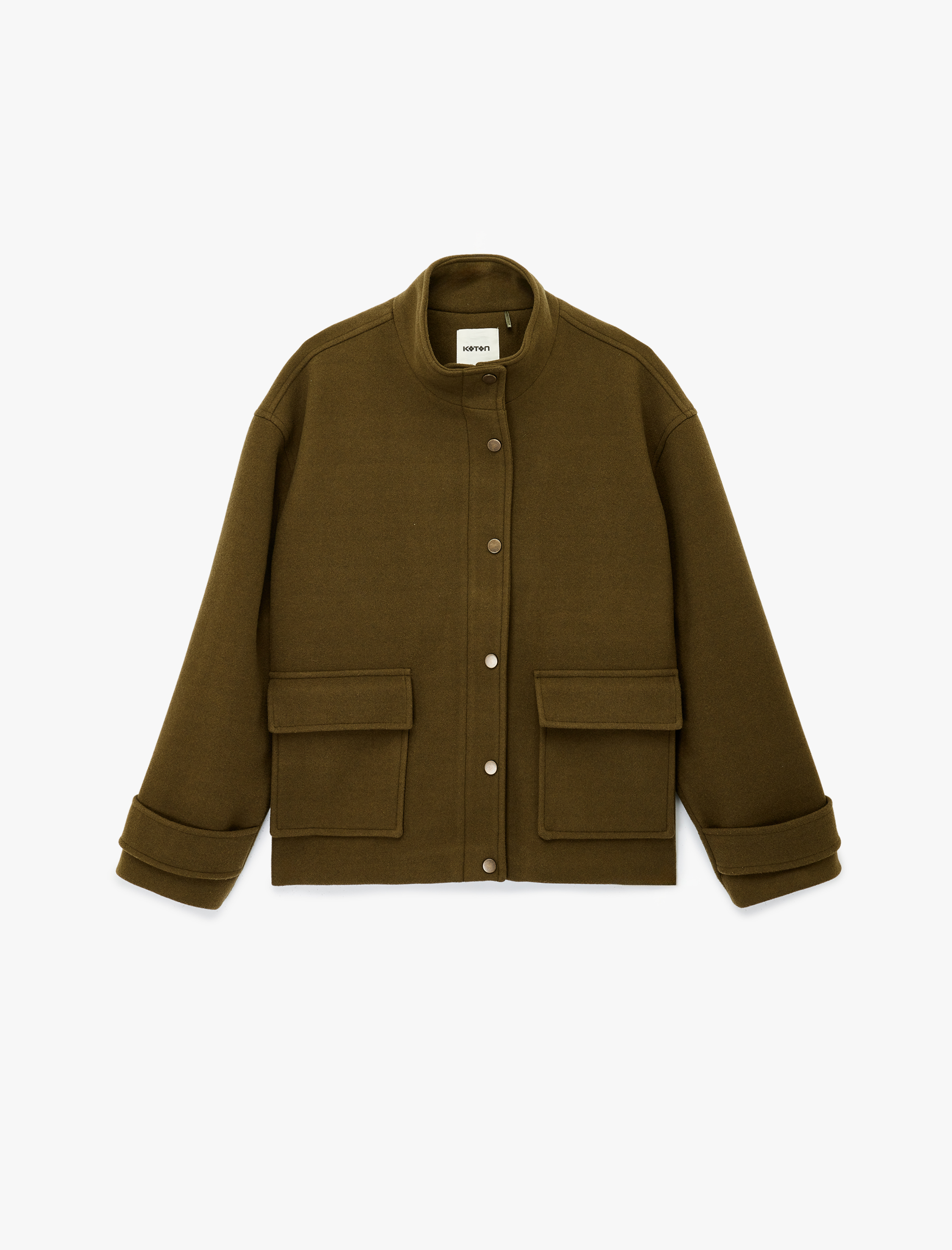   Dik Yaka Kaban Kaşe Oversize Cepli Uzun Kollu