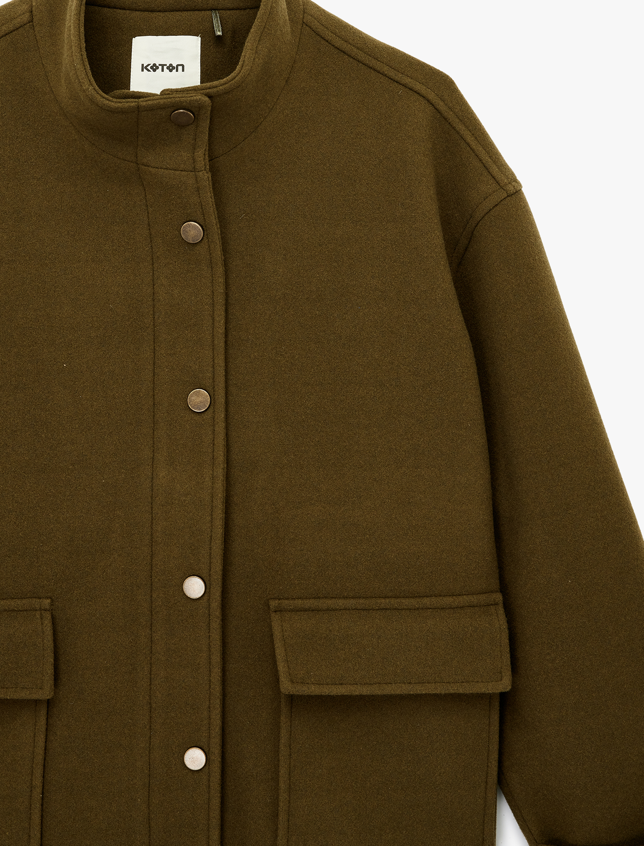   Dik Yaka Kaban Kaşe Oversize Cepli Uzun Kollu
