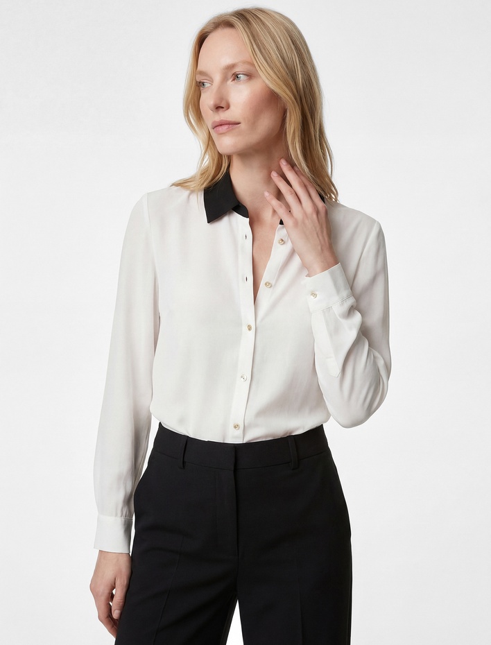  Yaka Detaylı Düğmeli Uzun Kollu Gömlek