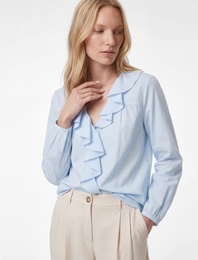 Volanlı Fırfırlı V Yaka Uzun Kollu Pamuklu Gömlek