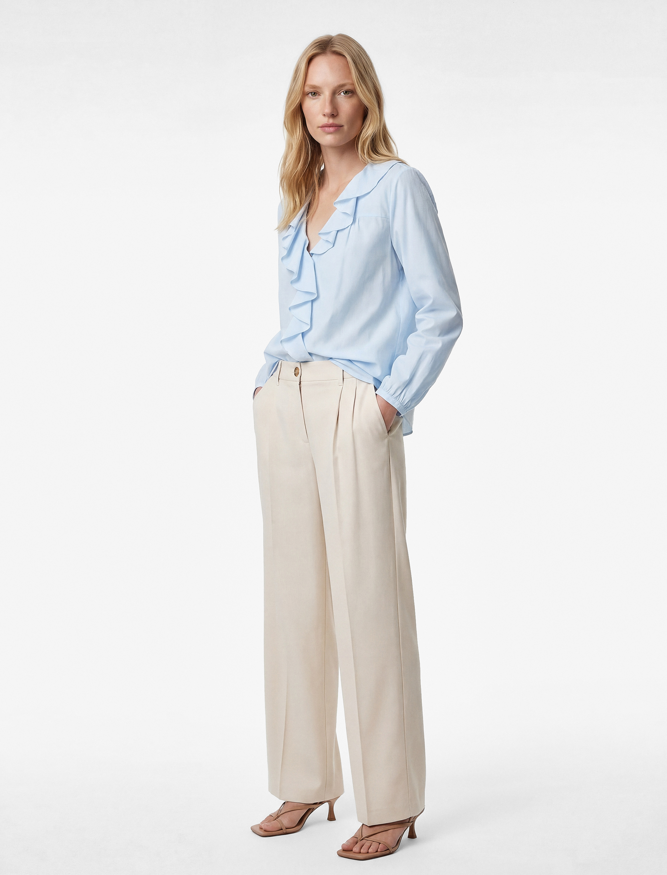   Volanlı Fırfırlı V Yaka Uzun Kollu Pamuklu Gömlek