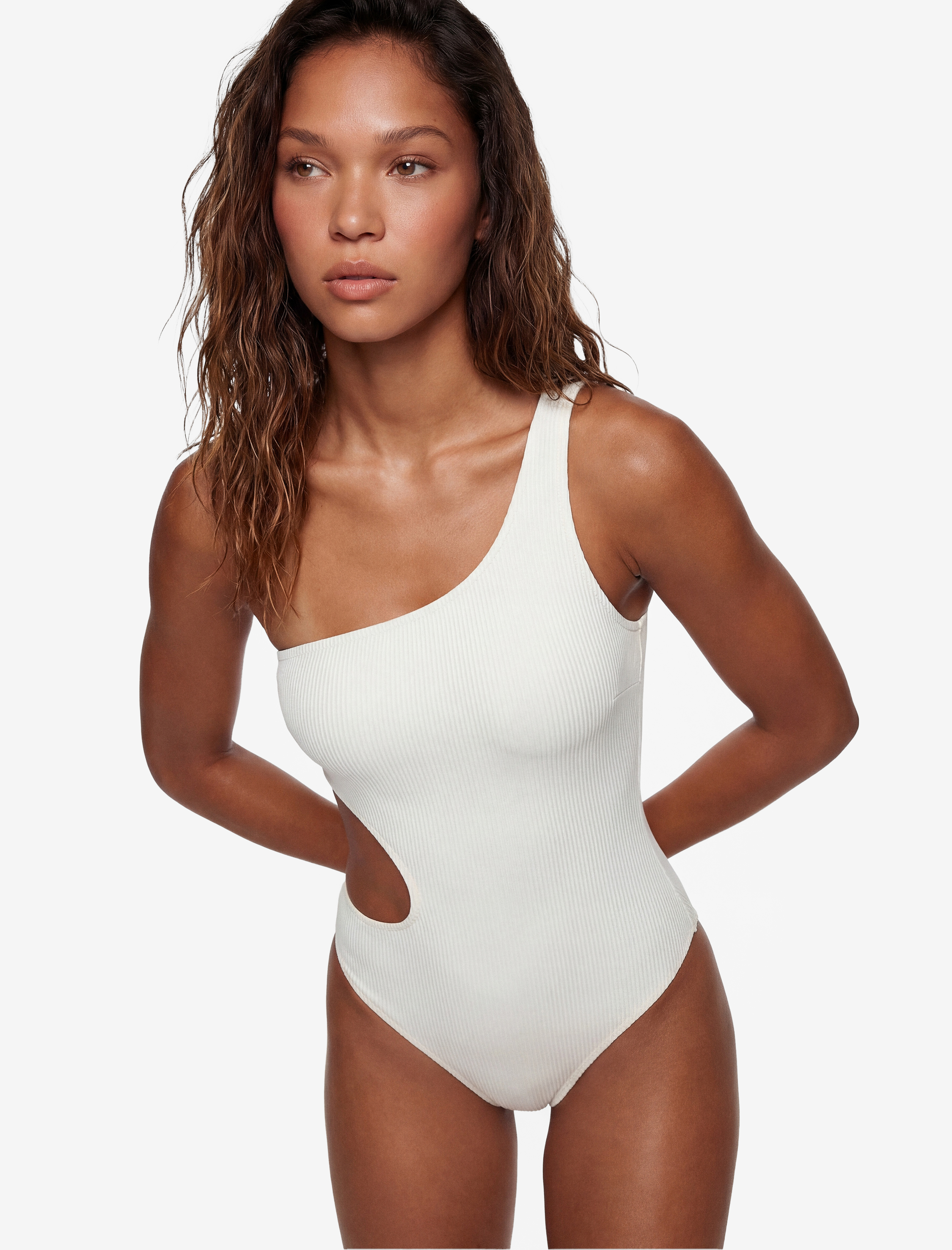   Pencere Detaylı Dokulu Tek Omuz Mayokini