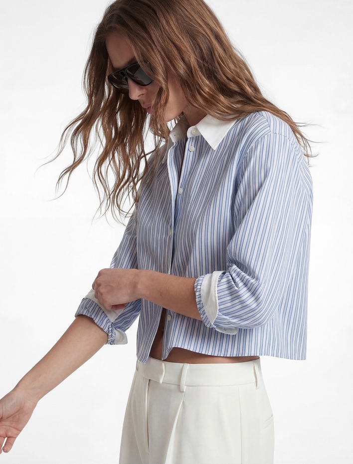  Kontrast Detaylı Uzun Kollu Crop Çizgili Oversize Gömlek