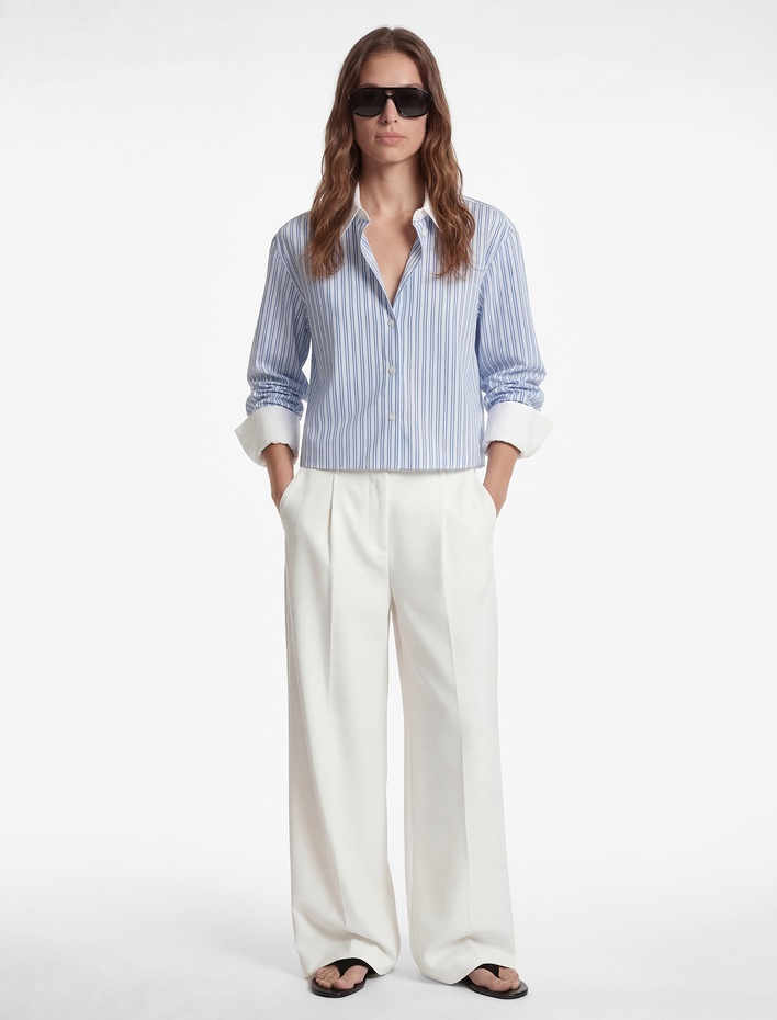  Kontrast Detaylı Uzun Kollu Crop Çizgili Oversize Gömlek