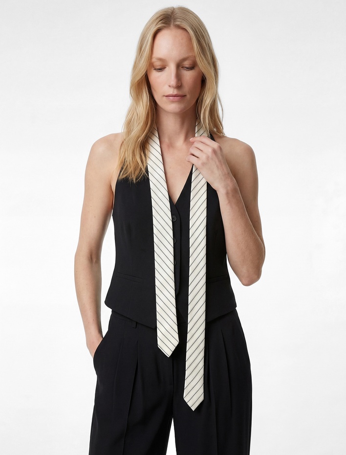  Kravat Detaylı Kolsuz V Yaka Viskon Karışımlı Blazer Yelek