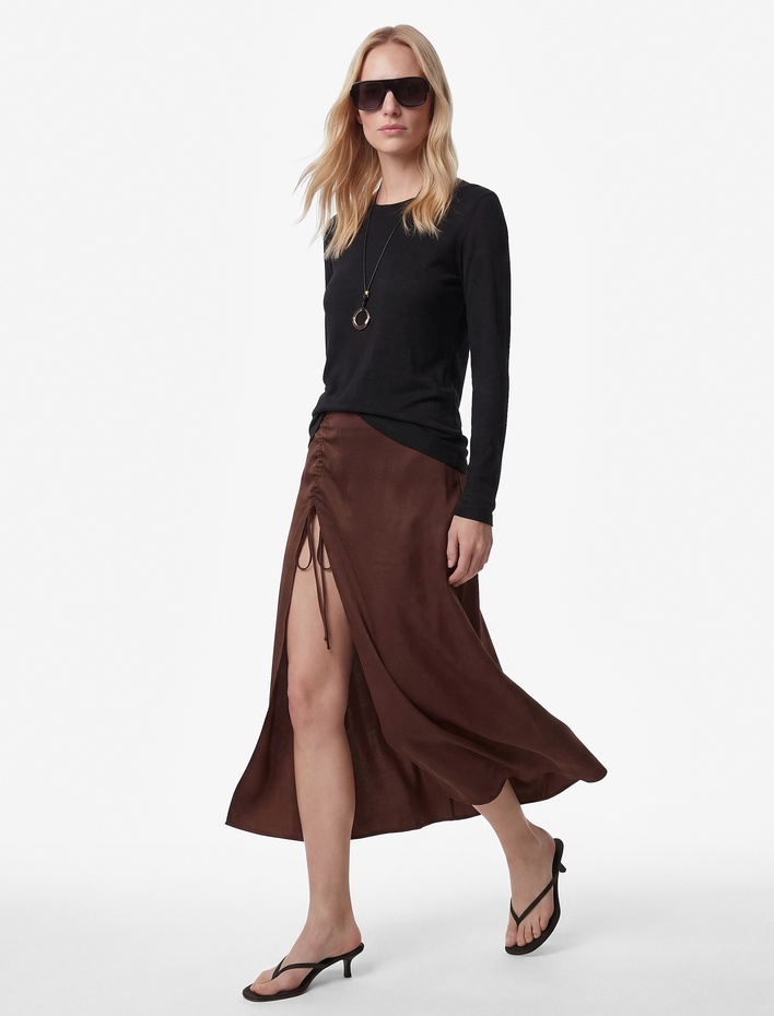  Modal Kumaş Yırtmaçlı Büzgü Detaylı A Kesim Midi Etek