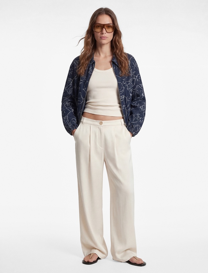  Uzun Kollu Fermuarlı Cepli Çiçek Desenli Bomber Ceket